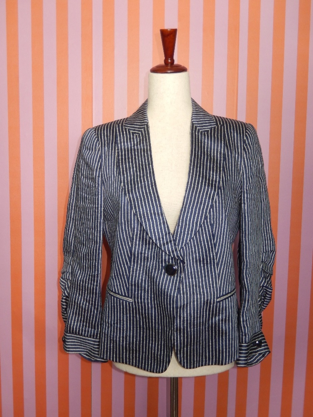 Armani Collezioni Navy Blue White Linen Blend Striped Blazer Jacket 10
